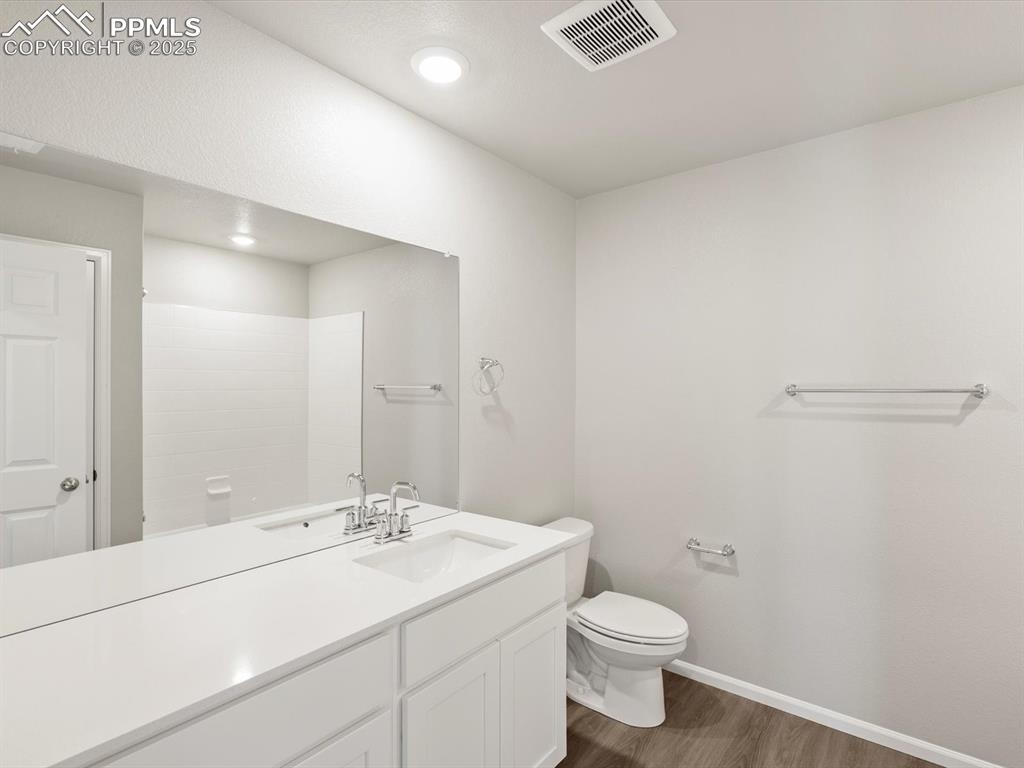 Image 21 of 25: Bathroom featuring dark wood-style floors and vanity