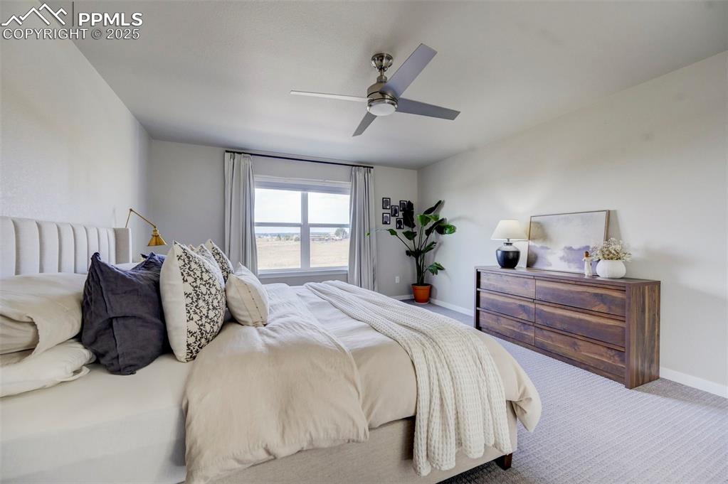 Image 17 of 50: Bedroom with carpet floors and a ceiling fan