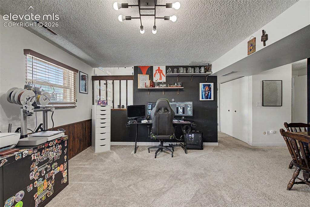 Image 24 of 30: Finished basement room featuring textured carpeting and a multi-bulb ceilin