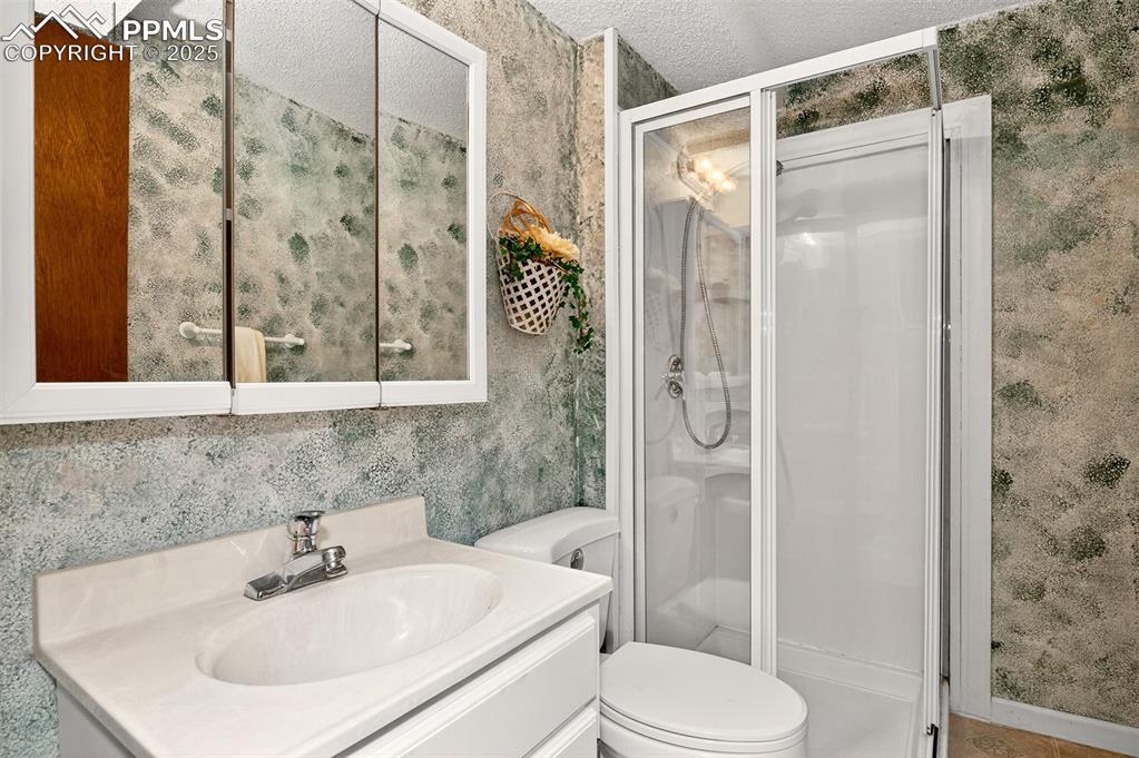 Image 22 of 36: Basement level 3/4 bathroom with free standing shower