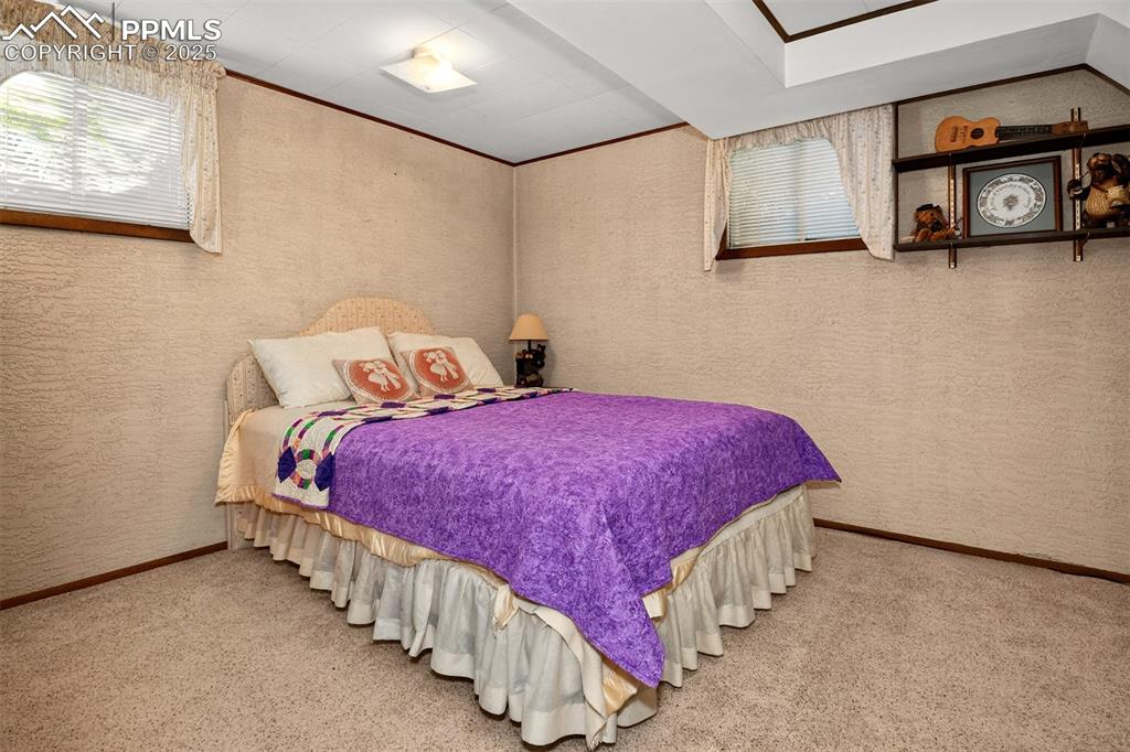 Image 23 of 36: Fifth bedroom of the home sits in the basement