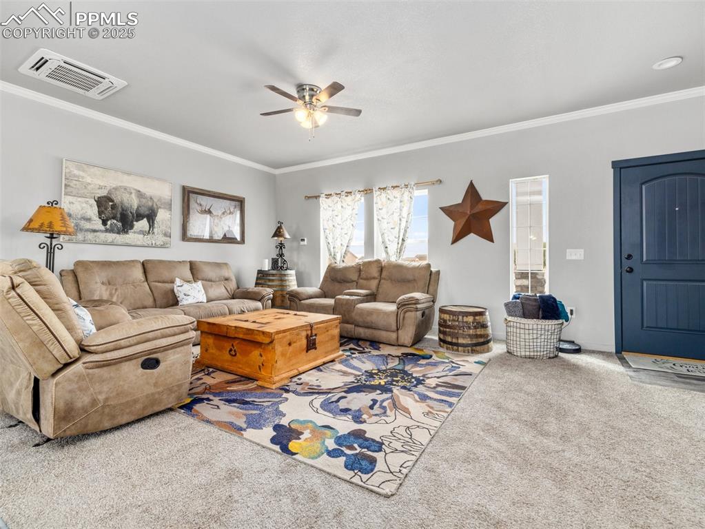 Image 3 of 25: Carpeted living area featuring ornamental molding and ceiling fan