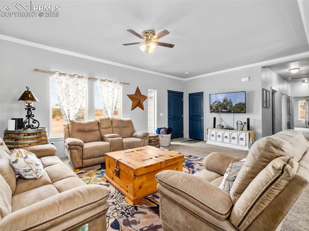 Image 4 of 25: Living area with a ceiling fan, light colored carpet, and ornamental moldin