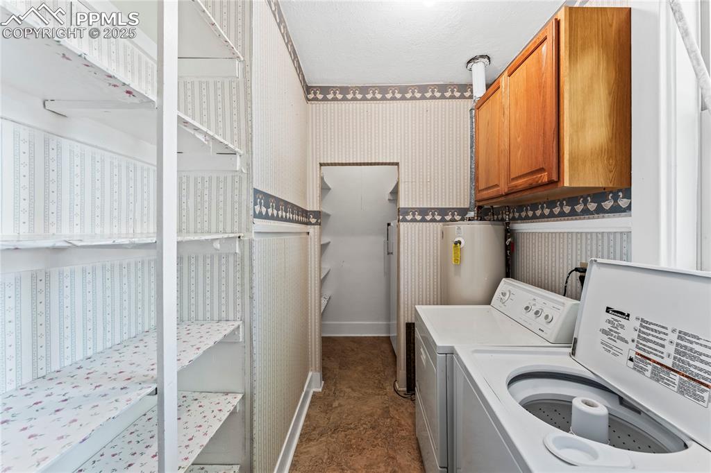 Image 19 of 27: Washroom with wallpapered walls, gas water heater, independent washer and d