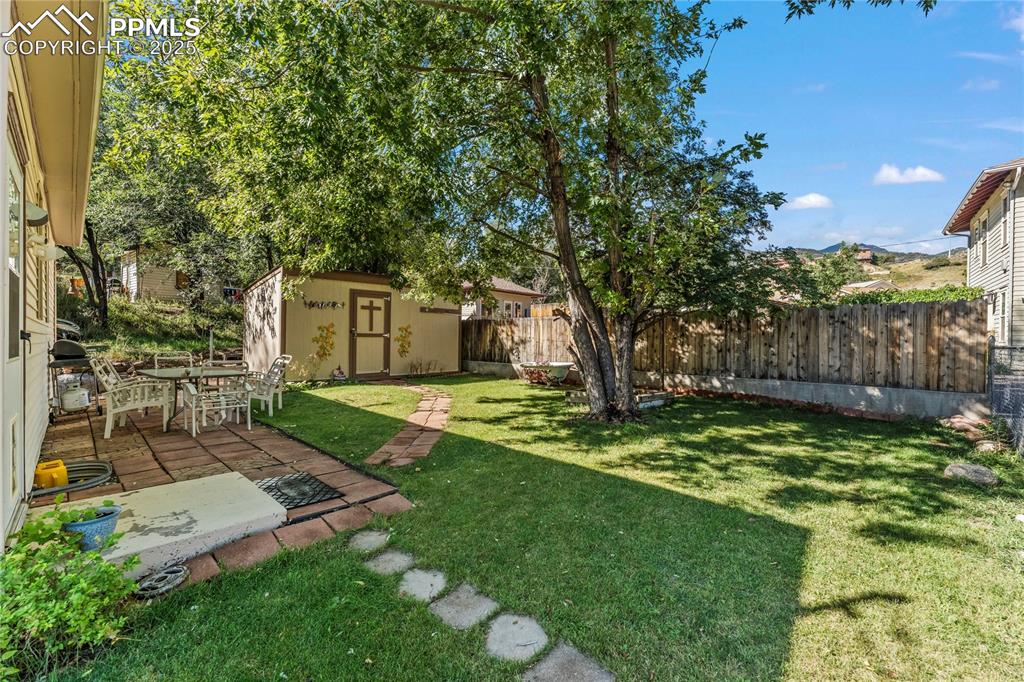 Image 23 of 27: Fenced backyard featuring a storage shed and a patio area
