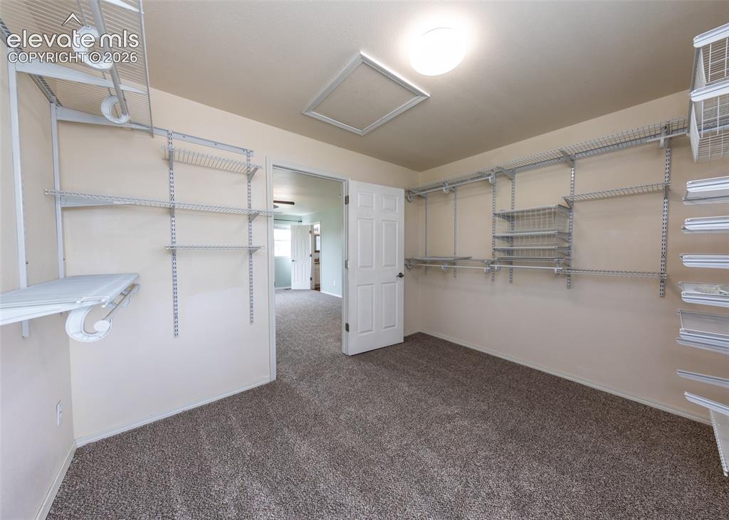 Image 26 of 41: Spacious closet featuring wall-to-wall carpeting and extensive wire shelvin