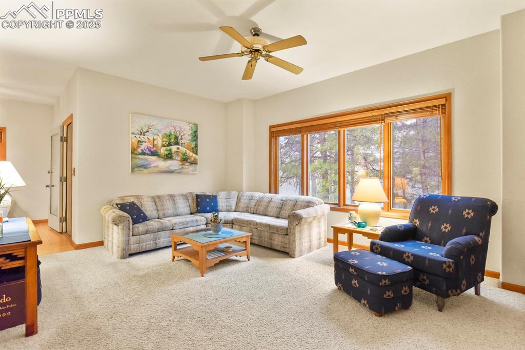 Image 6 of 48: Living area with carpet flooring and ceiling fan