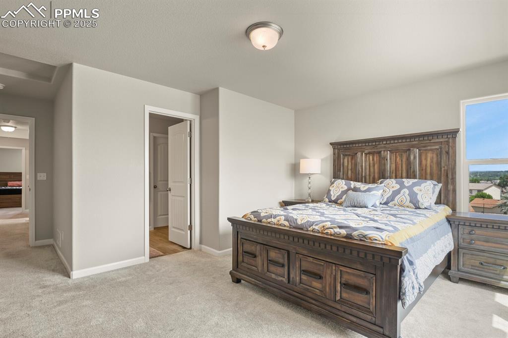 Image 18 of 27: Bedroom with light colored carpet