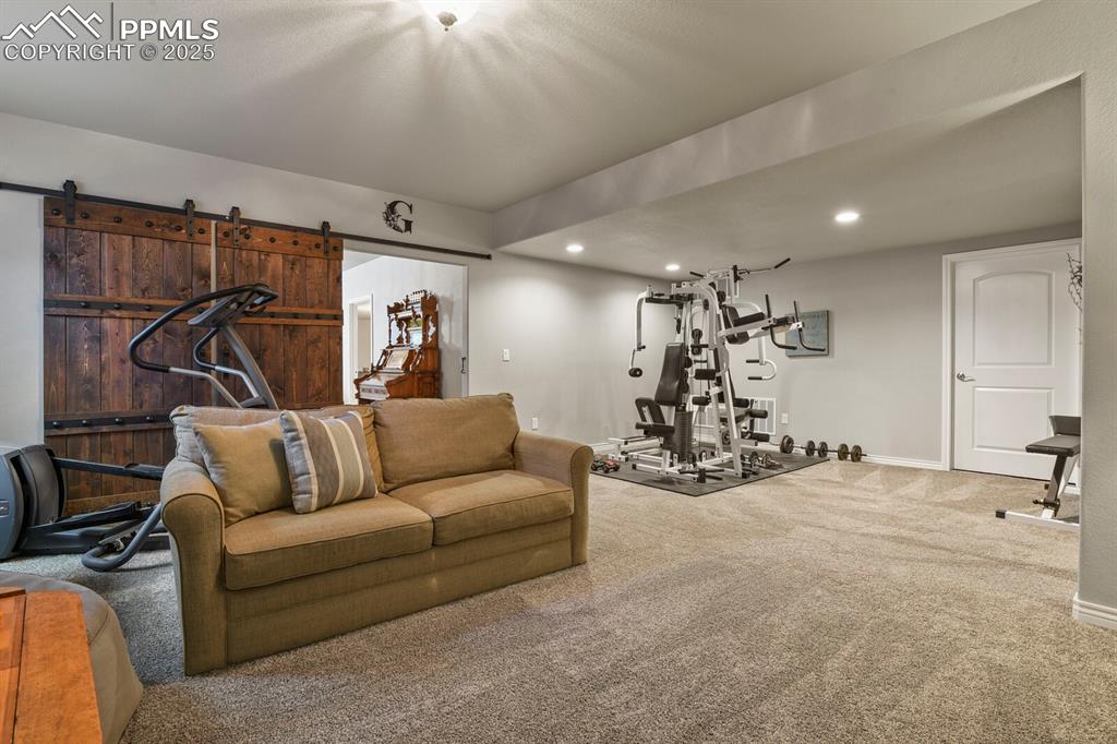 Image 24 of 49: Basement Familyroom with barn doors to the secondary suite