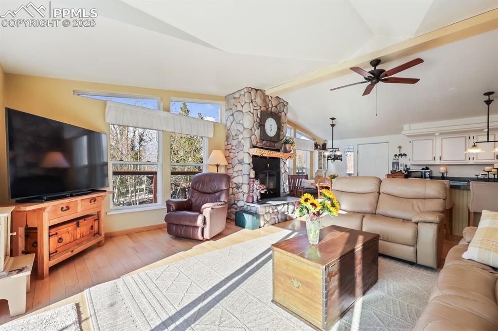 Image 18 of 48: Cozy wood fireplace!