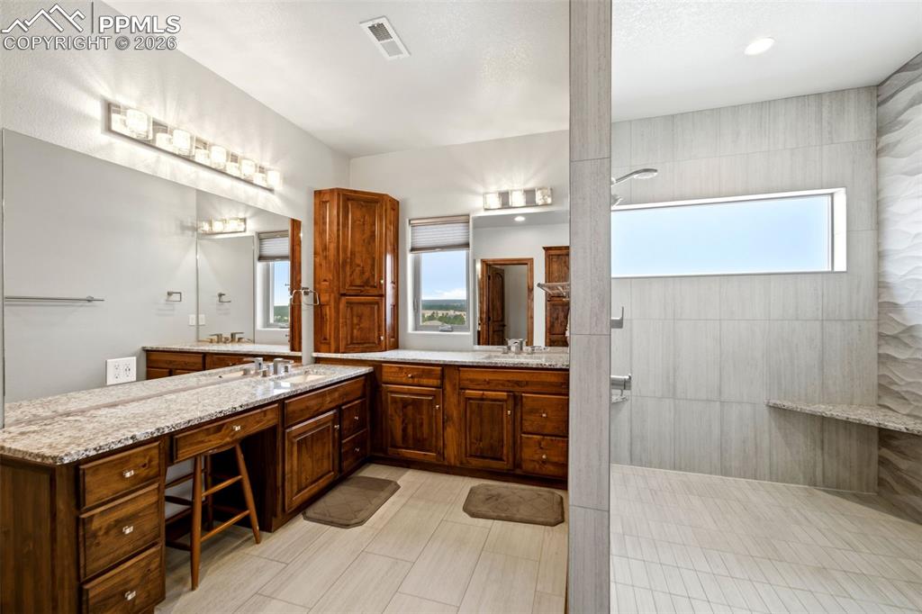 Image 22 of 48: Full bathroom featuring vanity, walk in shower, healthy amount of natural l