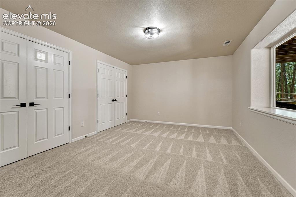 Image 42 of 49: Large basement bedroom with above-grade window and two closets.