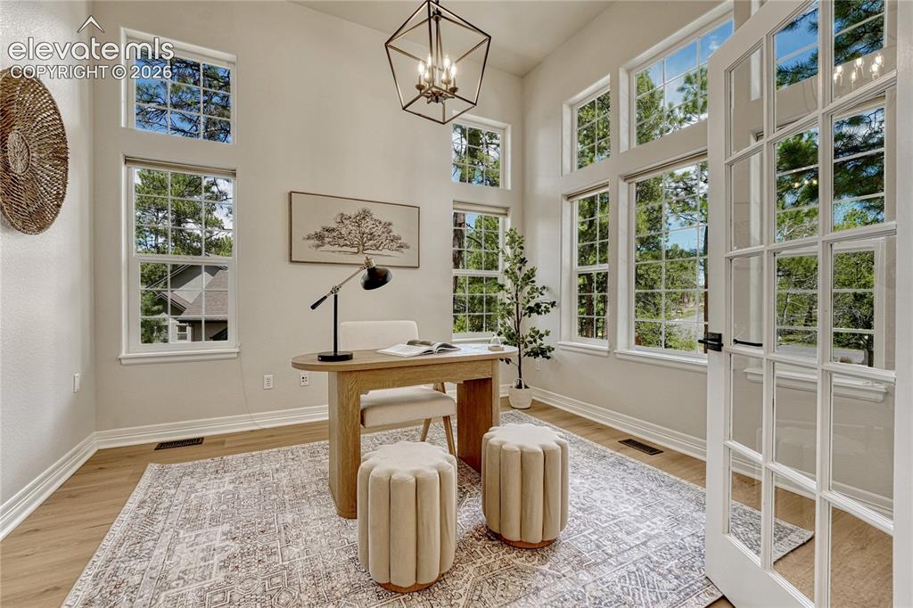 Image 6 of 49: Main level office with 11ft ceiling, French doors...