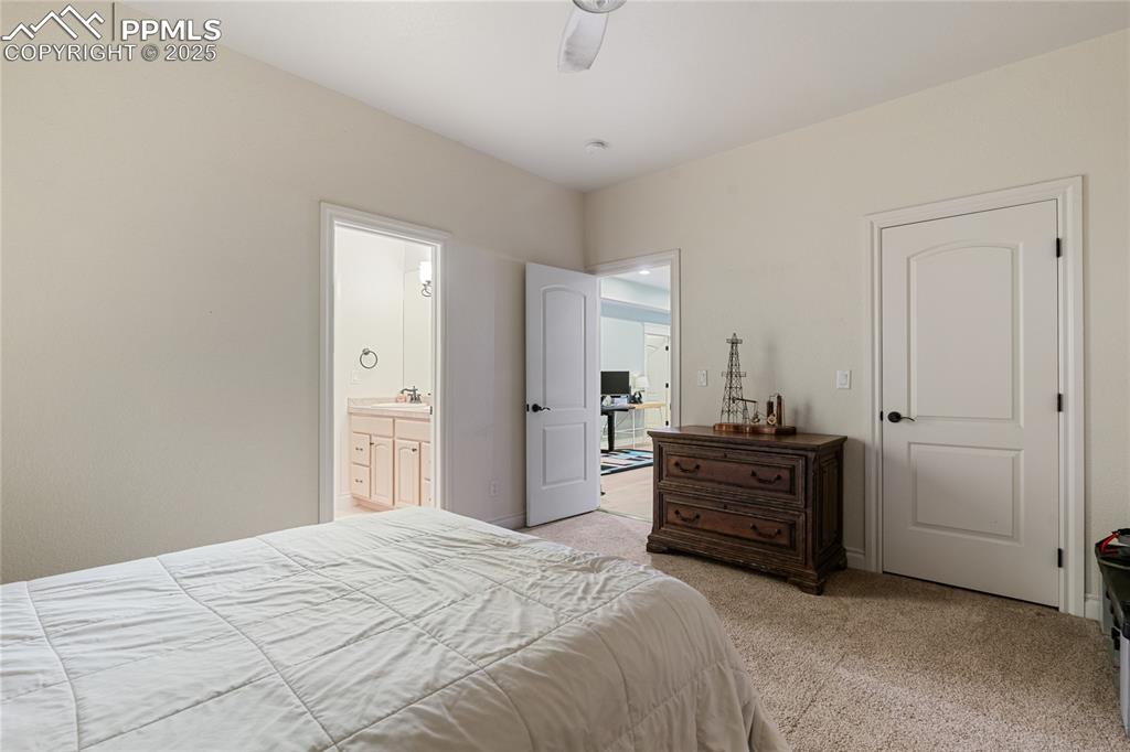 Image 42 of 46: Bedroom with light colored carpet and ensuite bath
