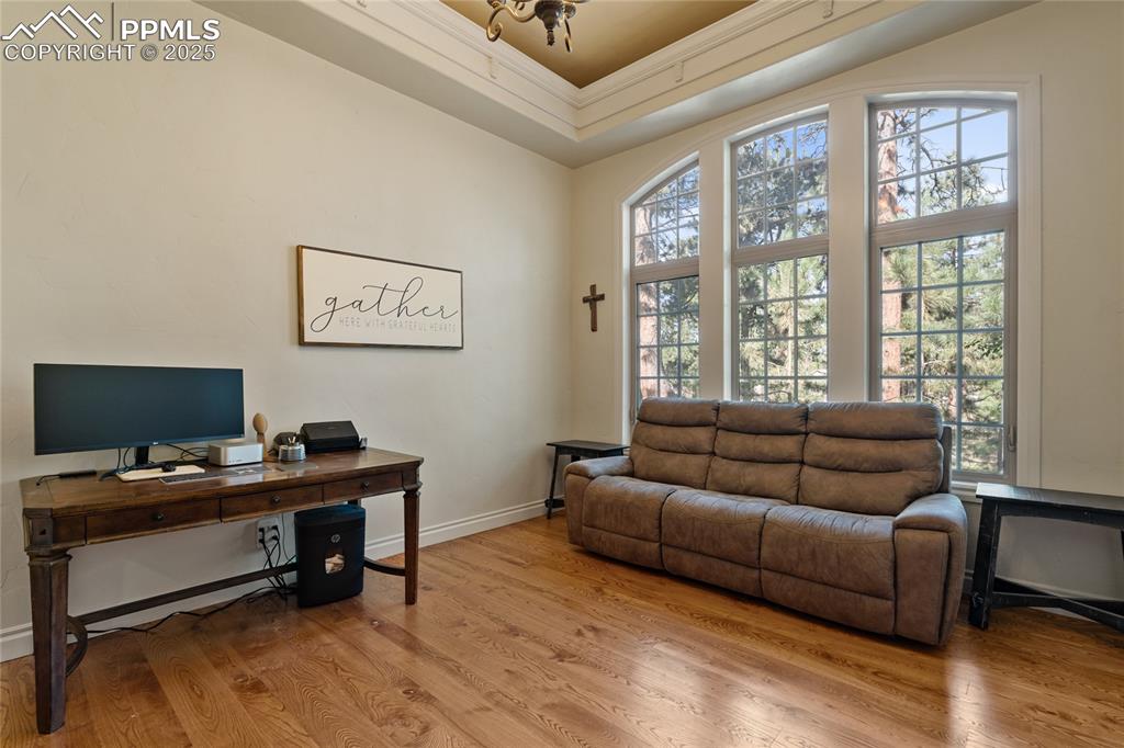 Image 9 of 46: There is so much light, and lights in the tiered ceiling.