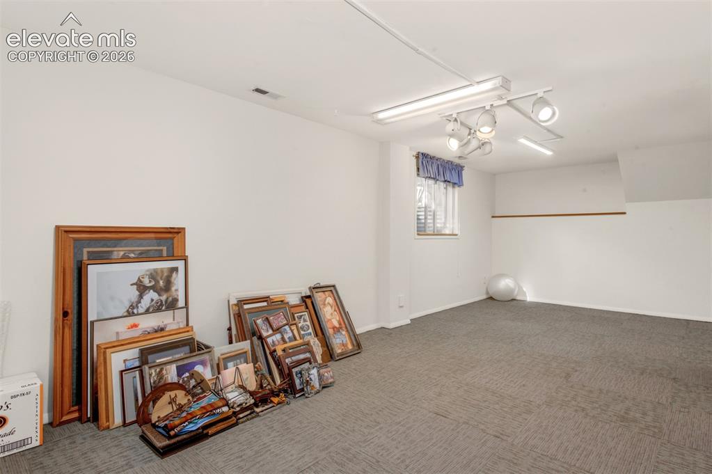 Image 26 of 45: Carpeted room with a window, white walls, track lighting, and fluorescent o