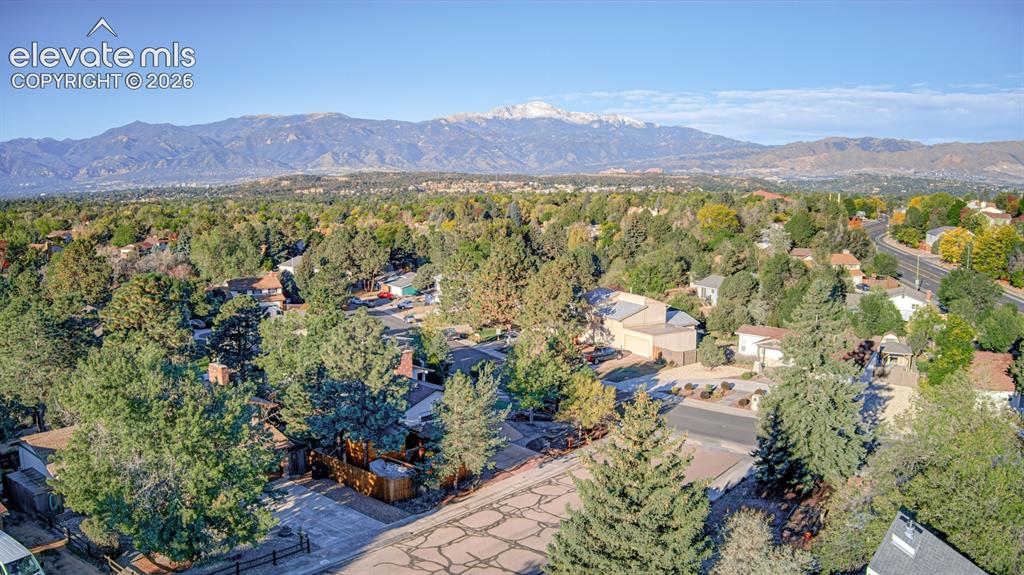 Image 37 of 45: Expansive mountain backdrop with a tree-lined community