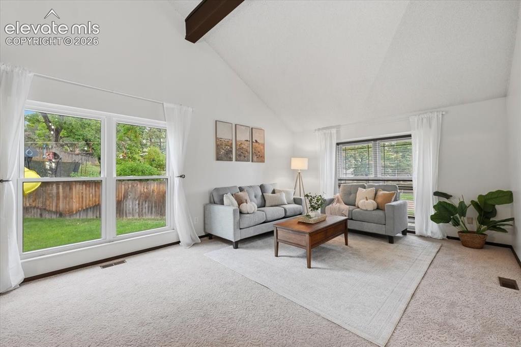 Image 9 of 50: Bright, light-filled living room featuring vaulted ceilings with exposed wo