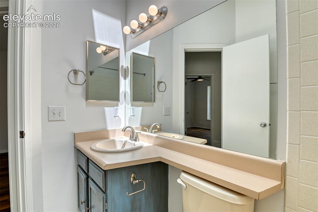 Image 34 of 48: Vanity with single basin sink, brushed nickel faucet, and a large wall-moun