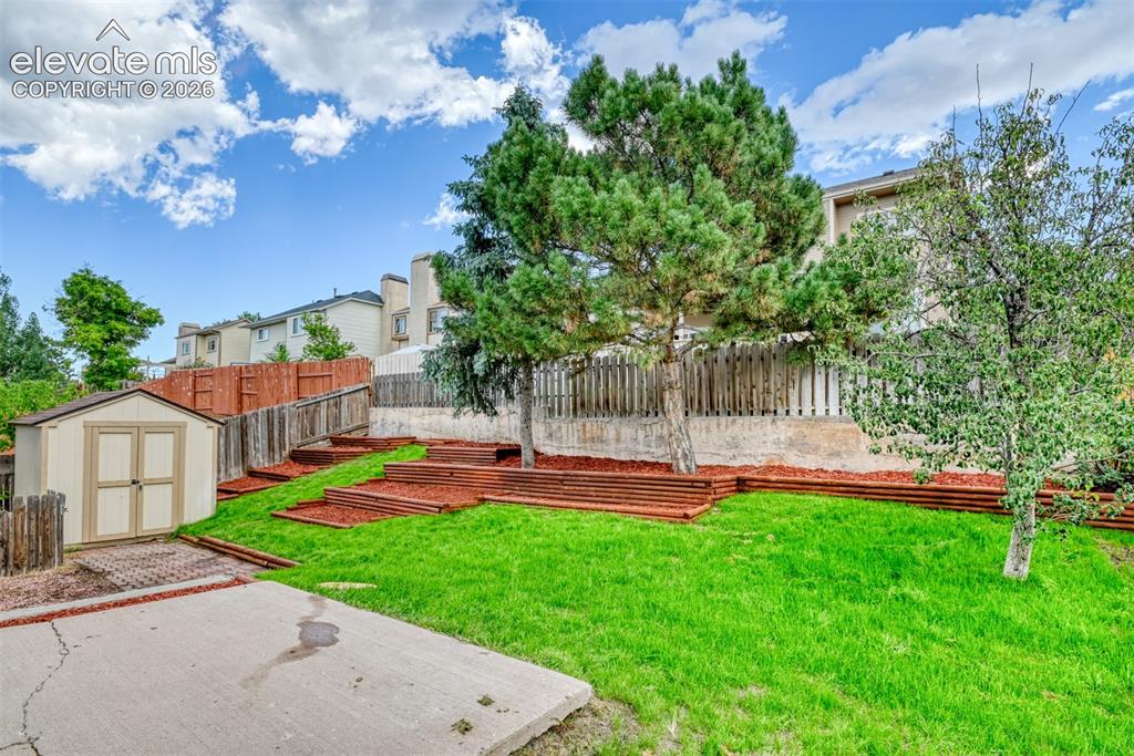 Image 41 of 48: Expansive backyard featuring a manicured lawn, established trees, terraced