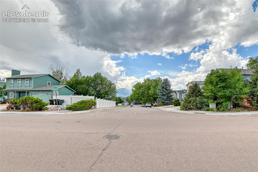 Image 47 of 48: Residential street with paved surfaces, mature trees, and visible mountains