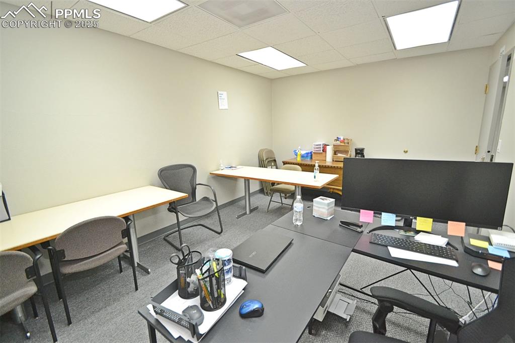 Image 10 of 16: Office with carpet floors and a paneled ceiling