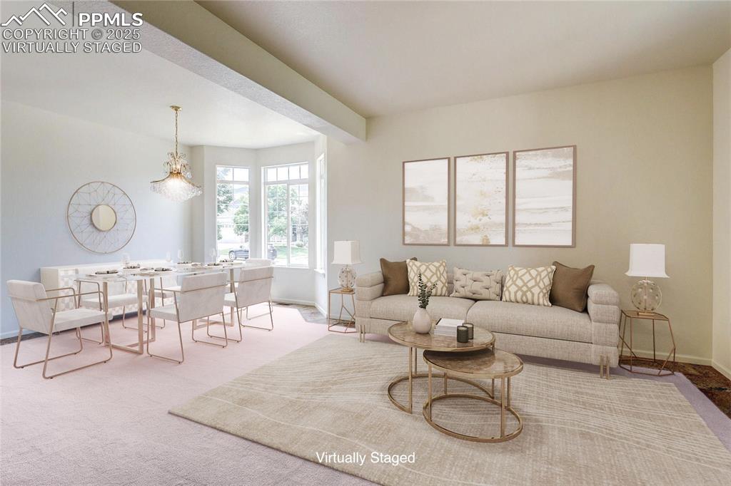 Image 5 of 50: Combination formal living and dining virtually staged