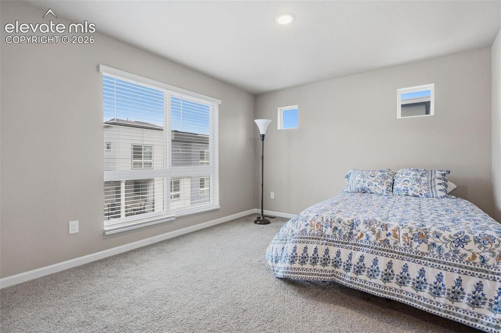 Image 6 of 24: Bright primary bedroom is carpeted and has a recessed ceiling light and two