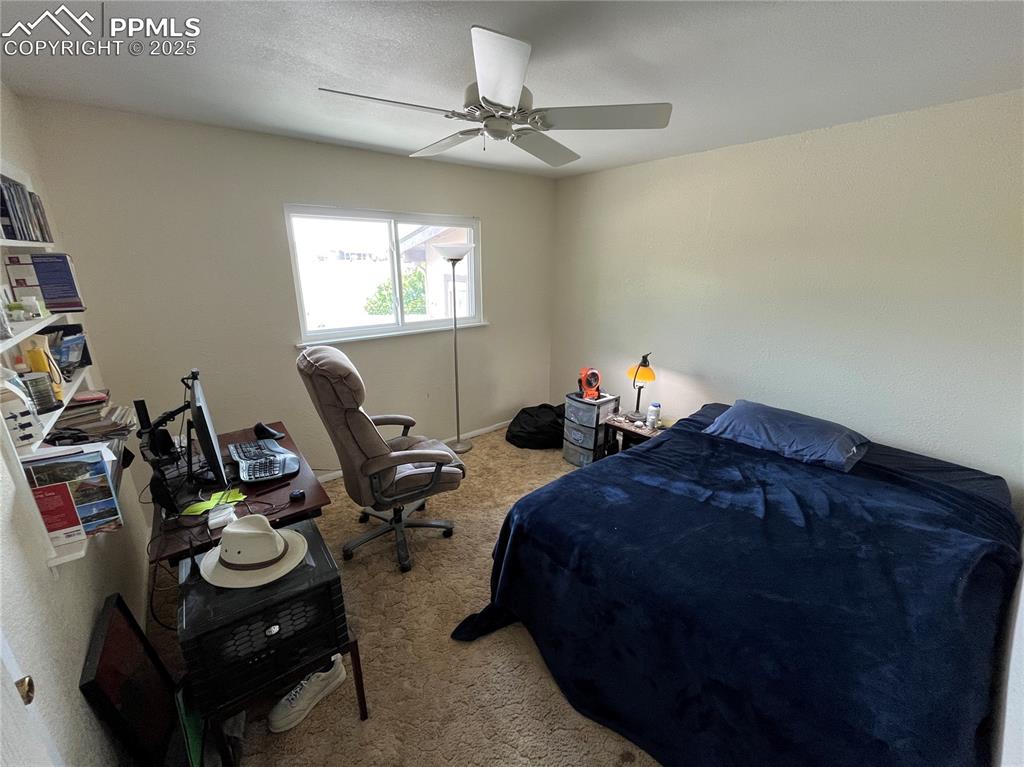 Image 16 of 21: Bedroom #3 has neutral carpet and a ceiling fan.