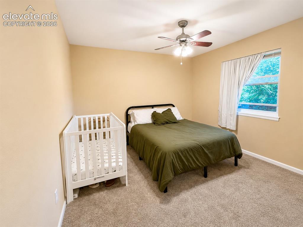 Image 19 of 27: Spacious room featuring neutral-toned walls, plush carpet, a ceiling fan wi