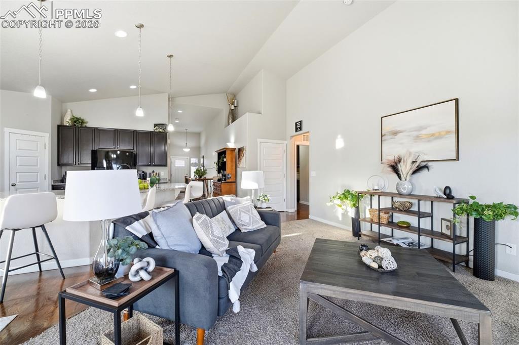 Image 30 of 50: Living area with baseboards and vaulted ceiling