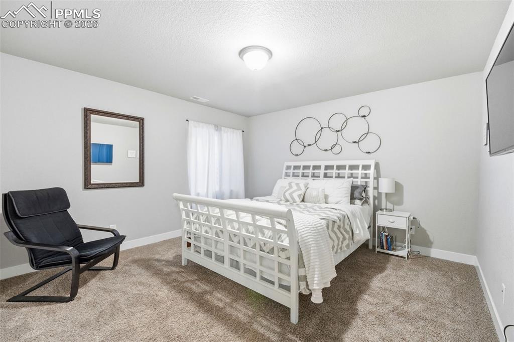 Image 37 of 50: Bedroom with light carpet and a textured ceiling