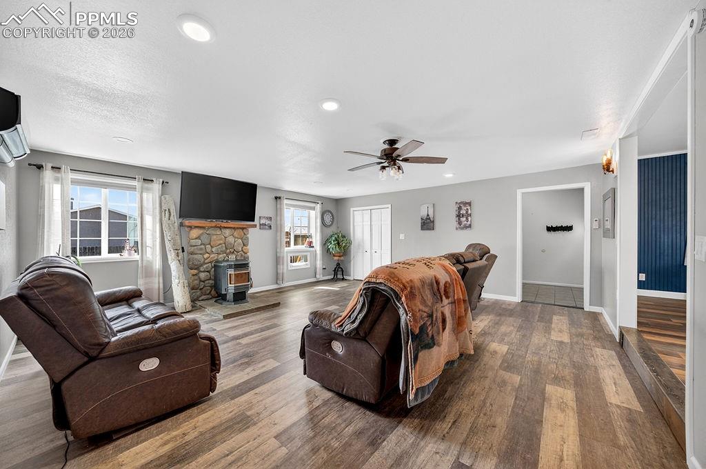 Image 6 of 46: Spacious living room with pellet stove.