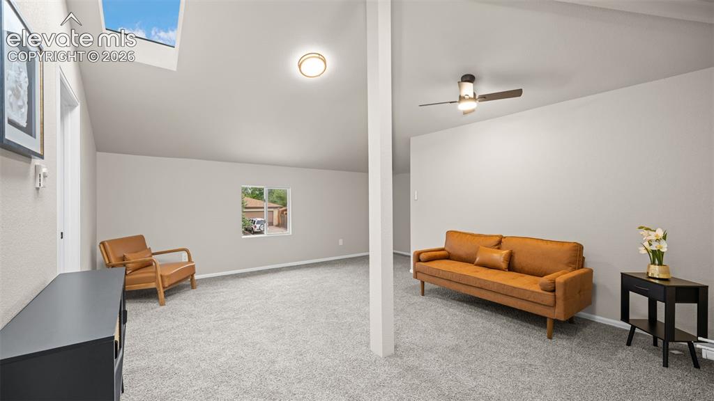 Image 28 of 45: Spacious room featuring light gray carpeting, a skylight, a window offering