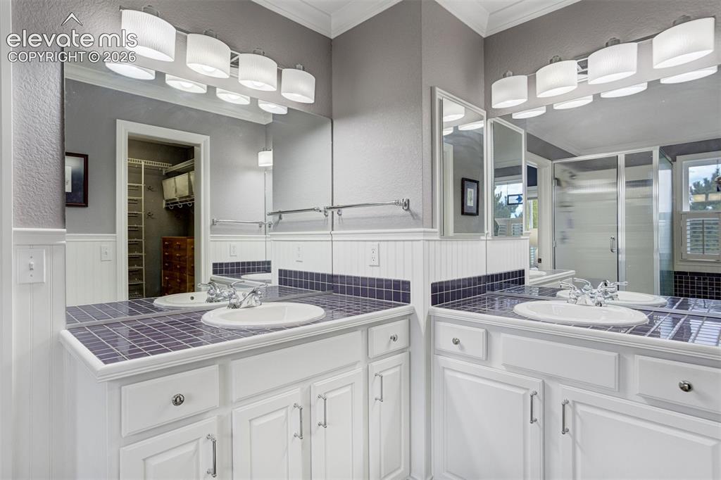 Image 21 of 50: Primary bath features a 5 piece bath and walk-in closet