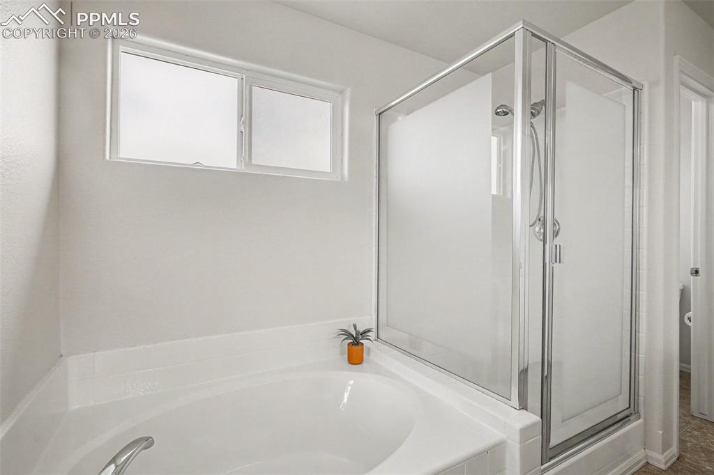 Image 18 of 40: Free-standing shower and separate tub in master bathroom