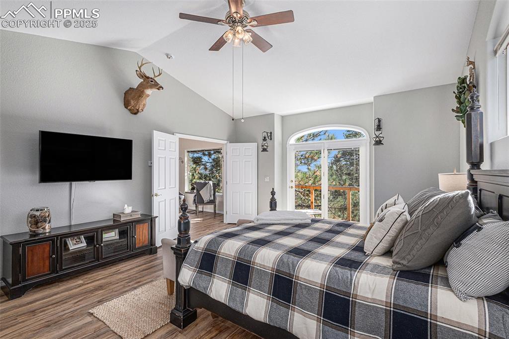 Image 19 of 47: Bedroom featuring access to outside, vaulted ceiling, dark wood-style floor