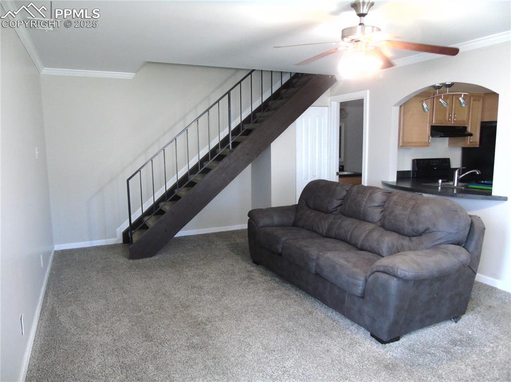 Image 3 of 29: Carpeted living area with ornamental molding, ceiling fan, stairs, and arch