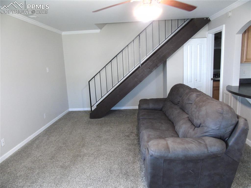 Image 4 of 29: Living room featuring crown molding, ceiling fan, light colored carpet, and