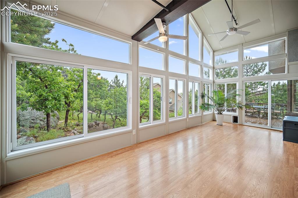 Image 17 of 50: Sunroom with floor to ceiling windows, vaulted ceilings, and access to the 