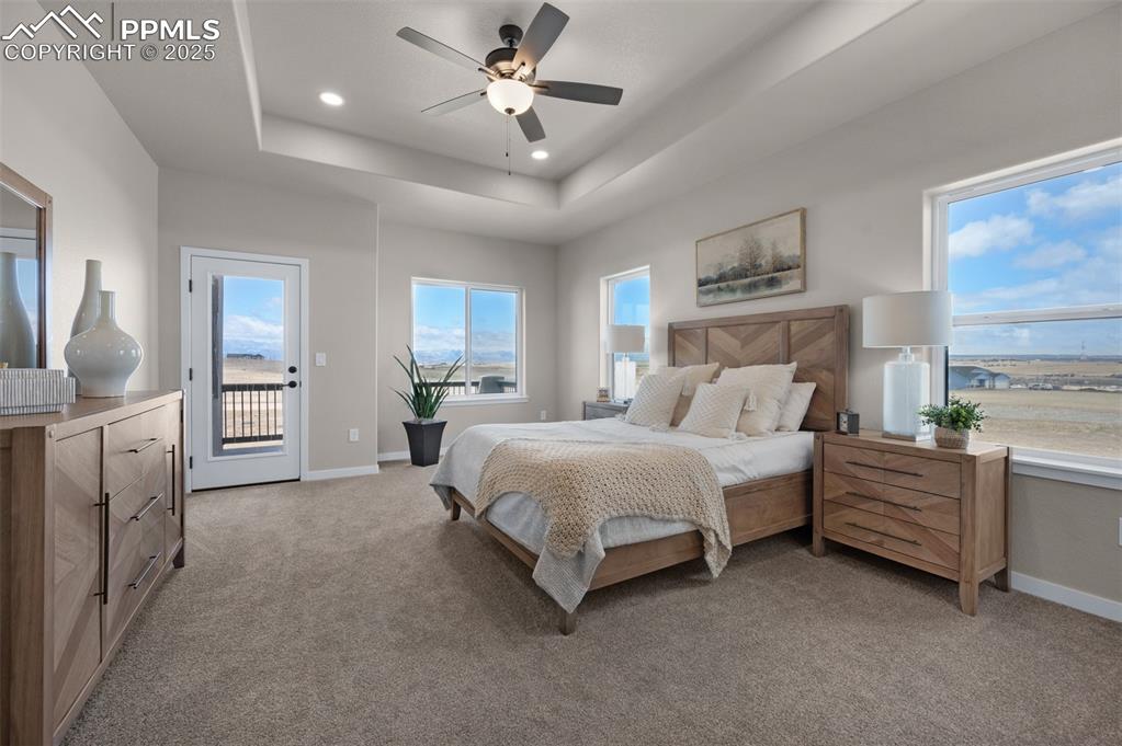 Image 8 of 36: Bedroom featuring baseboards, light colored carpet, a raised ceiling, and a