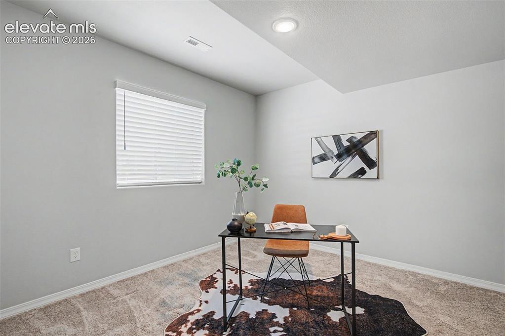 Image 37 of 45: Recessed lighting illuminates a versatile room featuring neutral-toned carp
