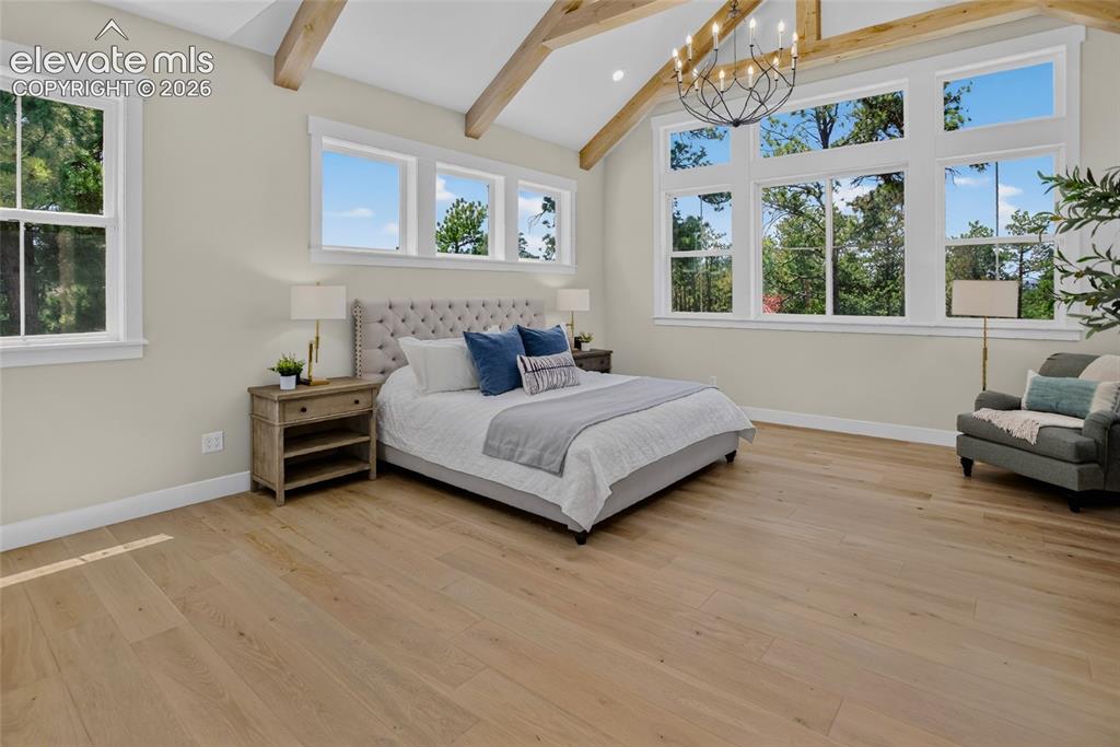 Image 21 of 47: Primary suite w/ exposed beam vaulted ceiling