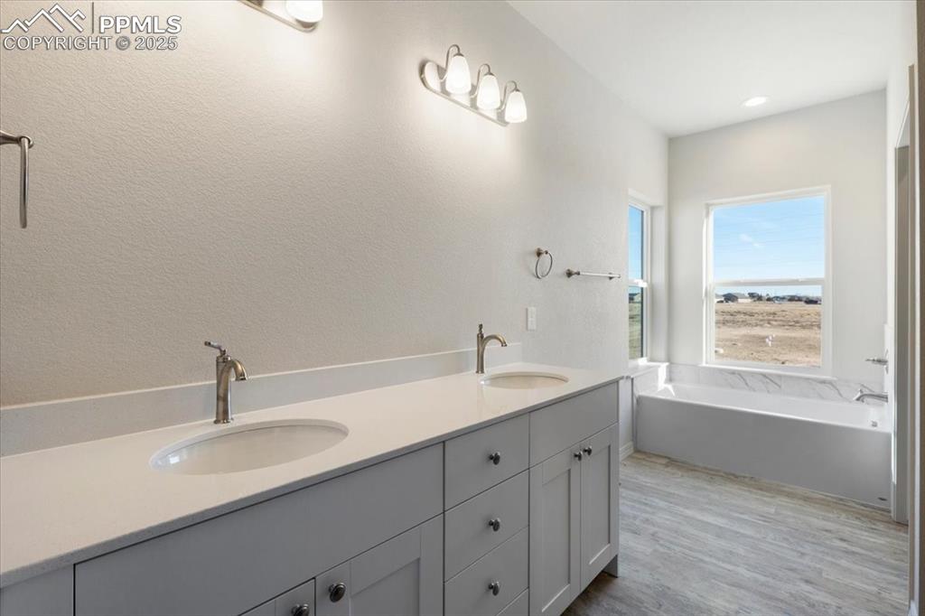 Image 21 of 22: Bathroom with double vanity, light wood finished floors, a garden tub, and 