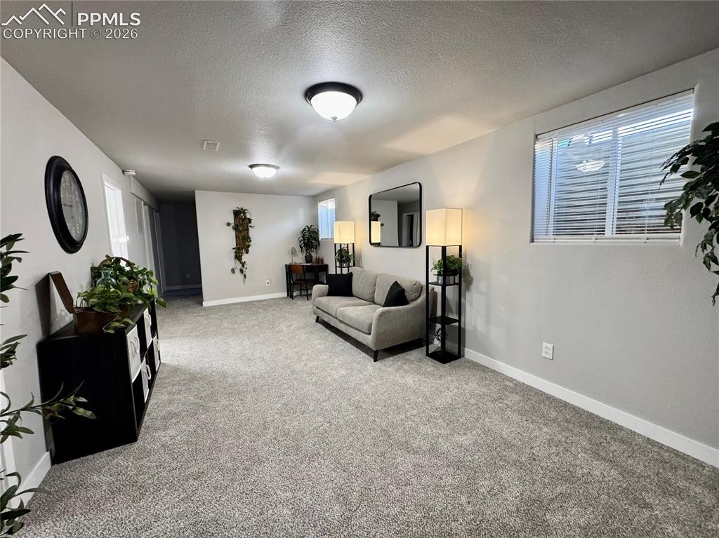 Image 13 of 27: Spacious room featuring light gray walls, plush gray carpet, a window with 