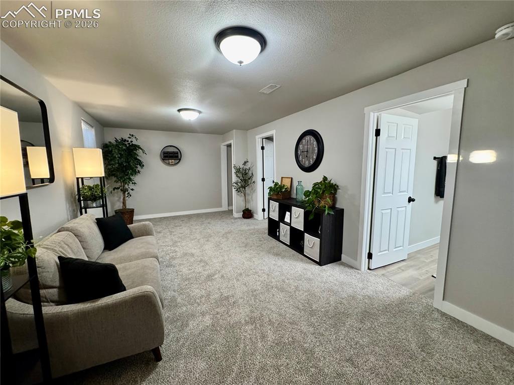 Image 14 of 27: Spacious room featuring light gray walls, plush gray carpeting, and white t