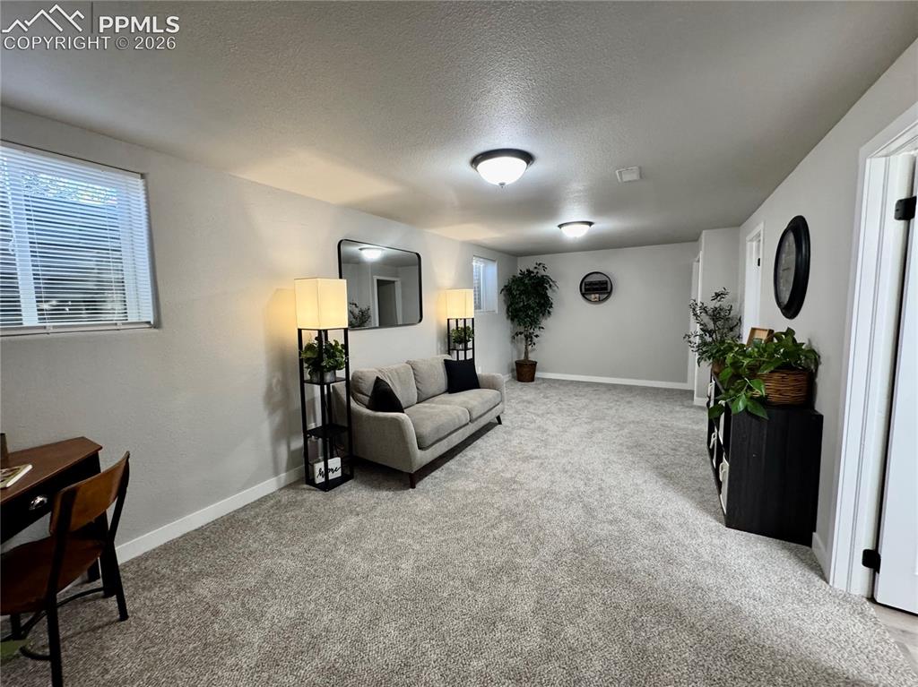 Image 16 of 27: Spacious room featuring light gray walls, textured gray carpeting, and mult