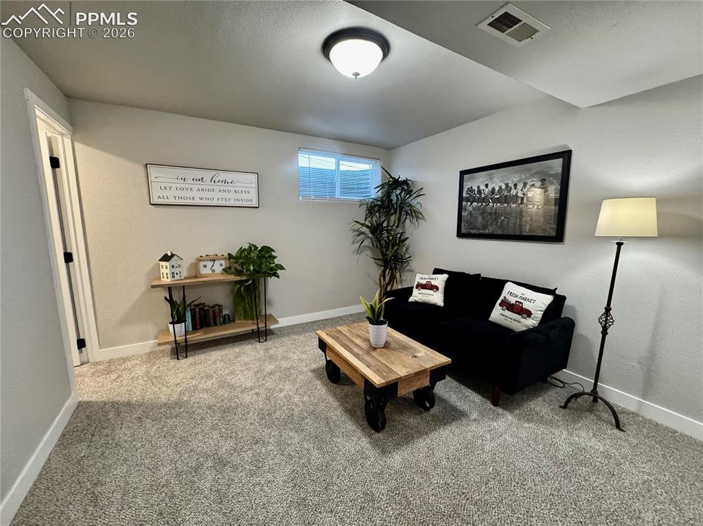 Image 17 of 27: Carpeted interior space featuring light gray walls, a single window with bl