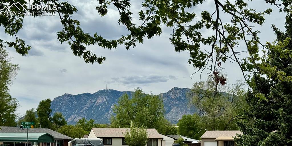 Image 22 of 27: Mountain backdrop with residential rooftops framed by mature foliage