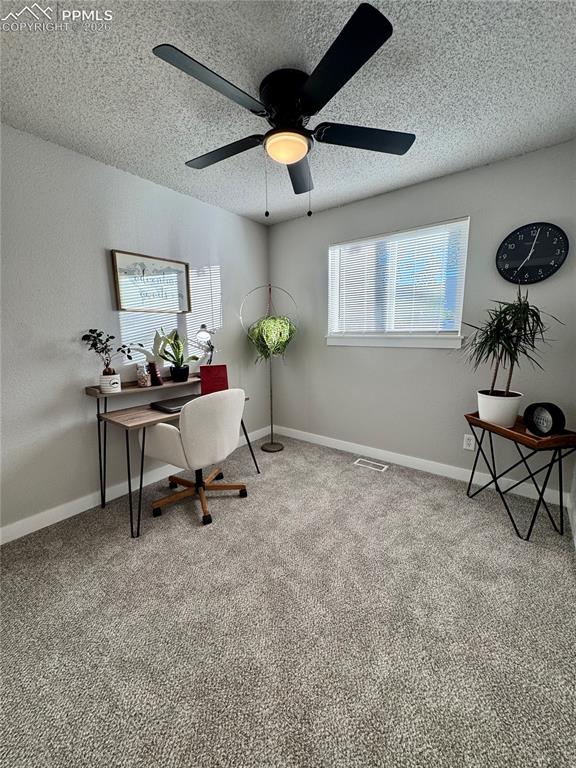 Image 9 of 27: Carpeted room with a ceiling fan light fixture, light gray wall paint, and 